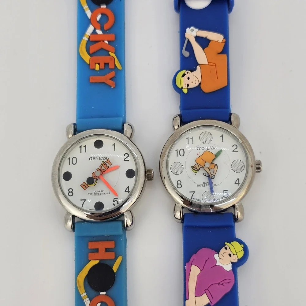 2X Kids Hockey Golf Sport Watches 27MM White Dial Blue Plastic Bands New Battery